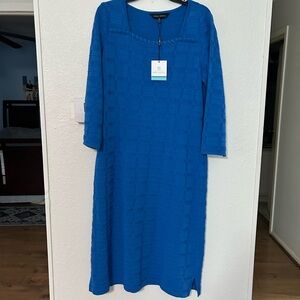 Ming Wang Cobalt Blue Textured Long Sleeve Midi Dress